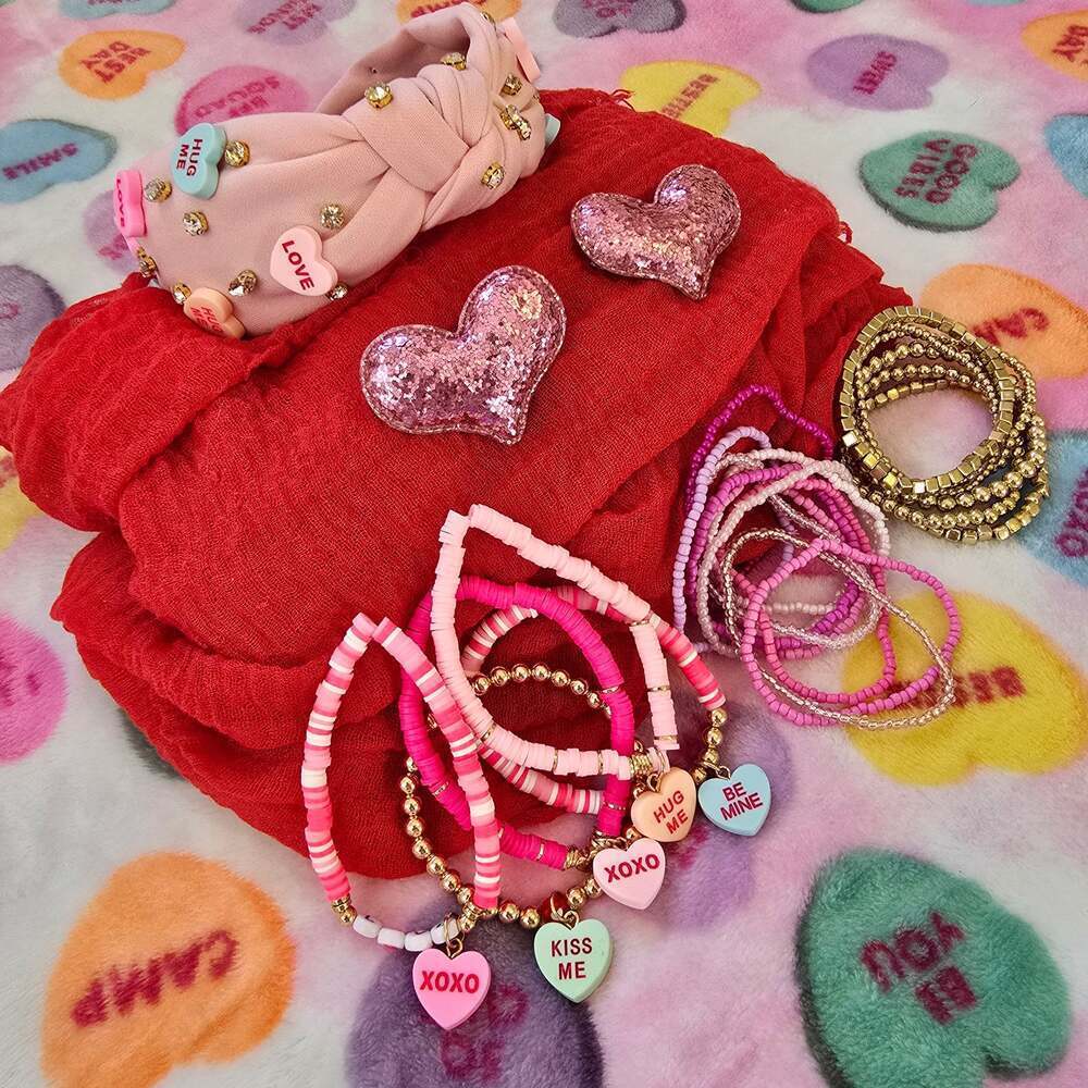Valentine's Day Accessory Bundle : Headband, Hairclips , and Stackable Bracelets